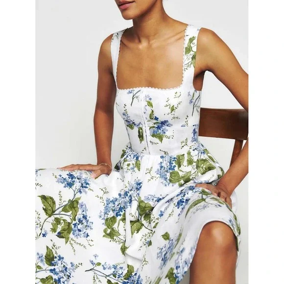 Reformation Tagliatelle Linen Midi Riviera Floral 8 - Picture 2 of 9